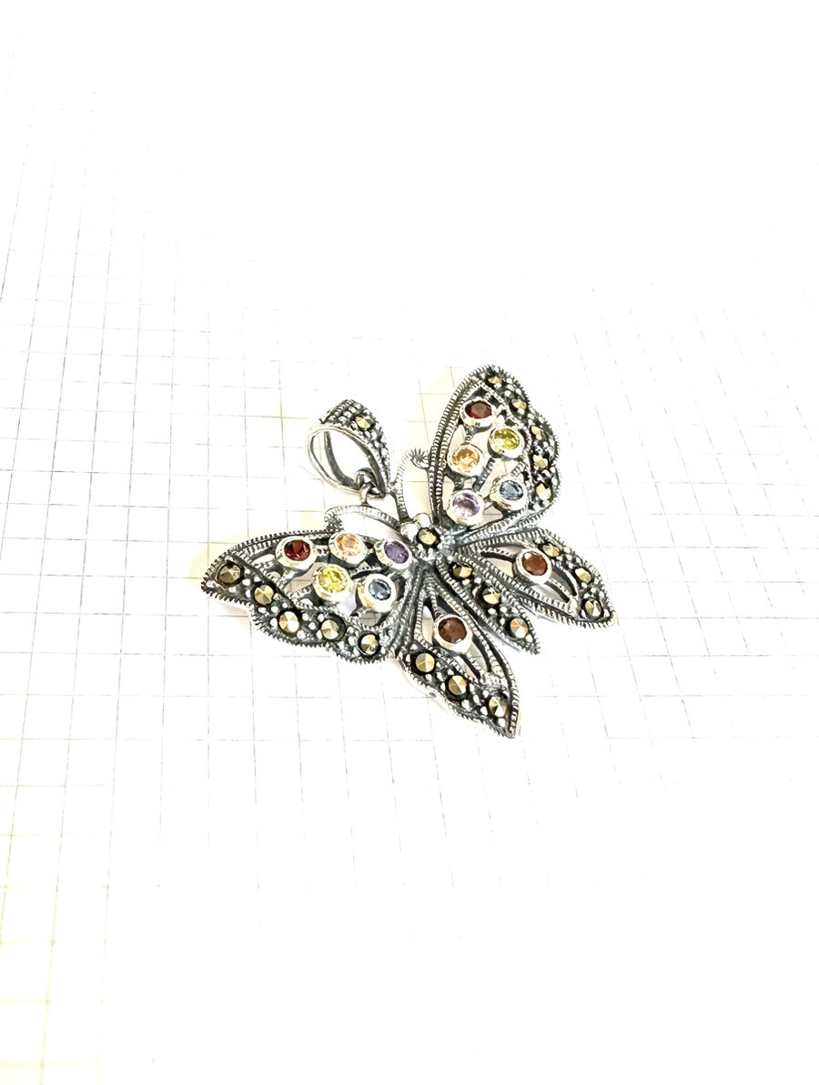 Multi Color Stones BUTTERFLY PENDANT CZ Stones & Marcasite . 925 STERLING SILVER