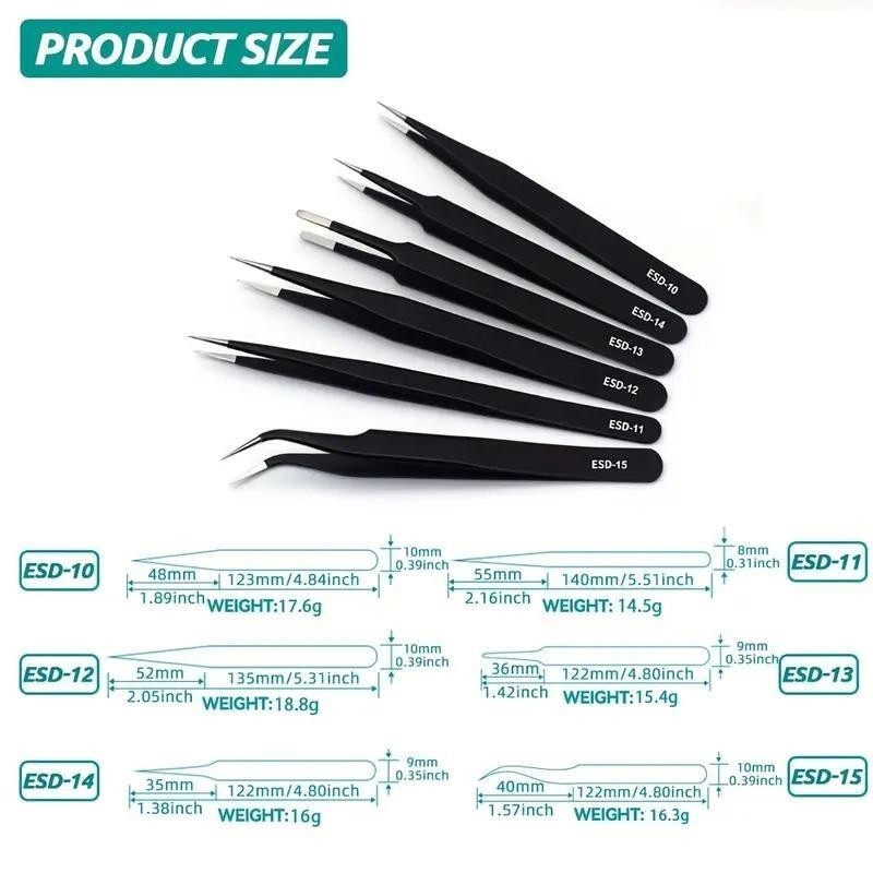 6Pcs ESD Anti-static Tweezers Set Maintenance Repair Stainless Steel Tools Kit