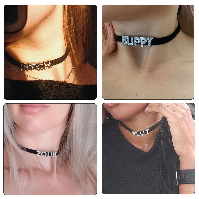 Rhinestone Letter Sexy HOT WIFE Necklace Bad Words Custom Choker Collar F4