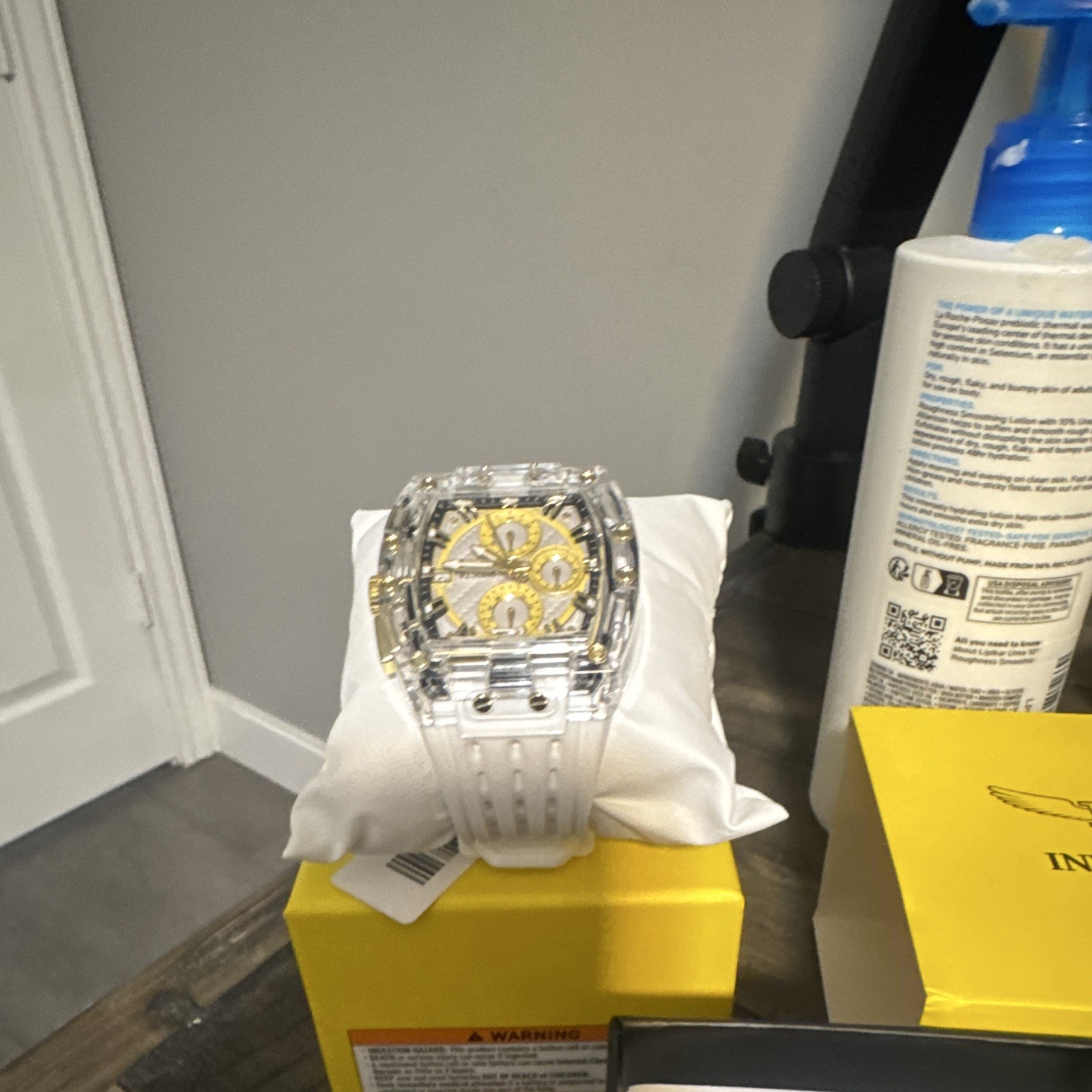 Invicta Men’s Chronograph Quartz Clear Case White Silicone Strap Gold Dial 50mm