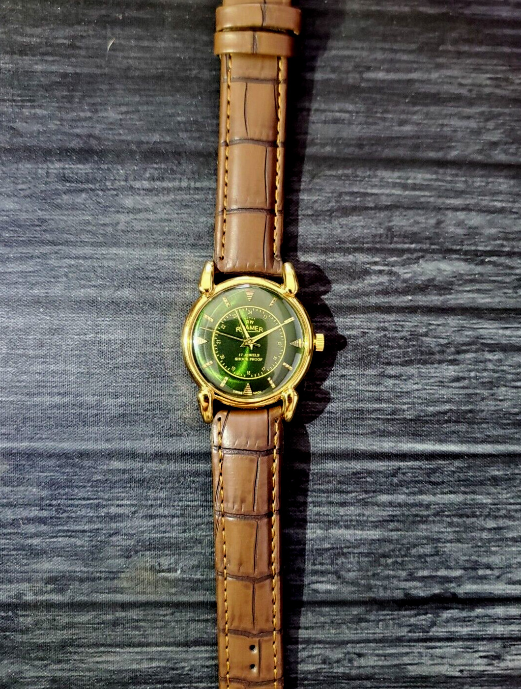 ✨Rare Swiss Roamer Brevete Mens Manual Watch Gld Grn Brw