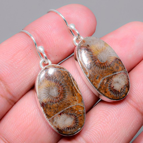 Fossil Coral – Morocco Gemstone 925 Sterling Silver Handmade Earring 1.56″ A37