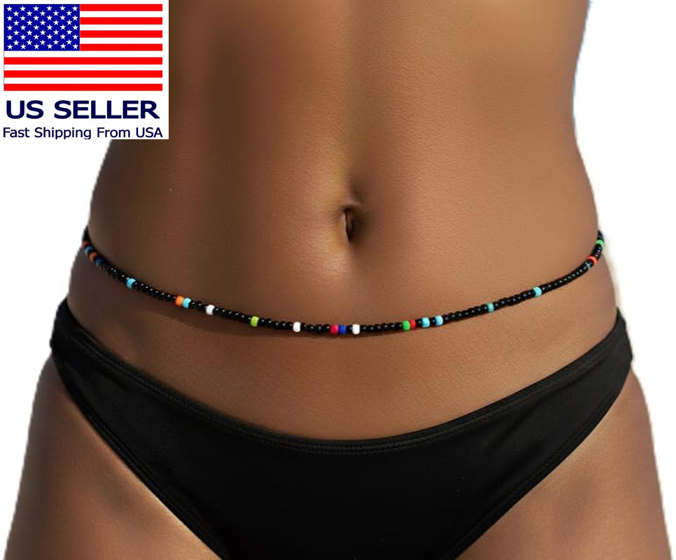 African Waist Beads, Multicolor Seed Beads, 44-Inch Traditional Tie-On Belly Bea