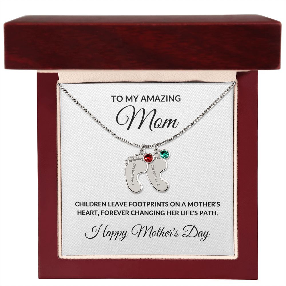 Mother’s Day Personalized Engraved Birthstone Necklace Baby Feet Gift for Mom