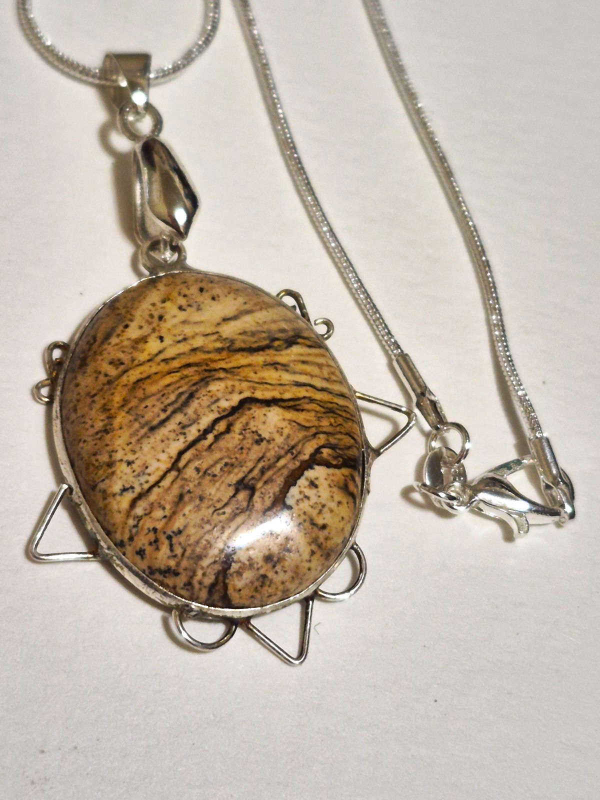 925 Sterling Silver Picture Jasper Pendant Necklace Artisan Wire Frame Oval