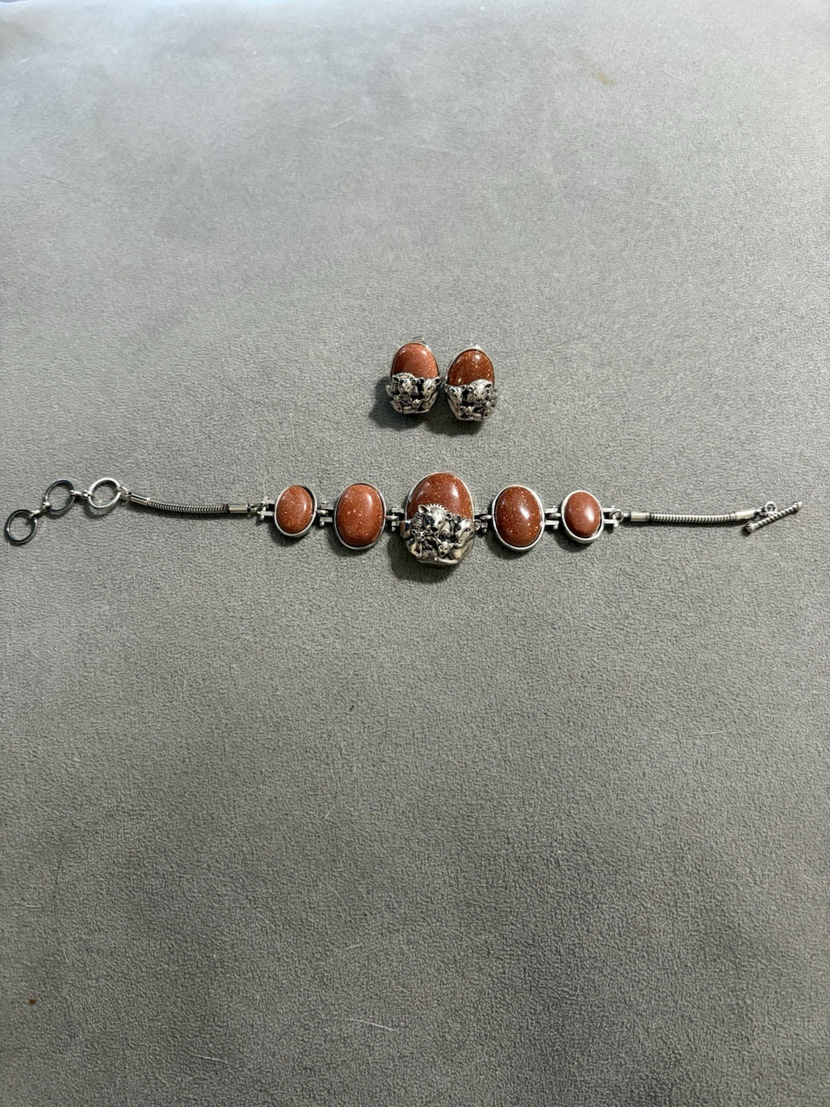 Vintage Silver Tone Goldstone Bracelet And Earrings Set Lion Family