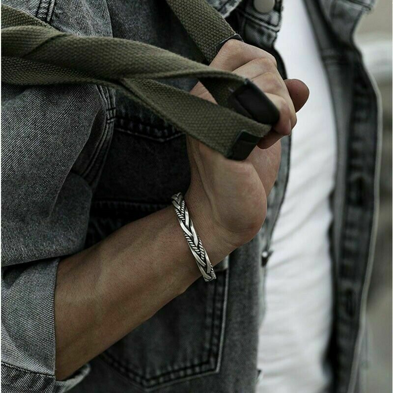 925 Sterling Silver Thai Handmade Vintage Open Bangle Twisted Cuff Men Bracelet