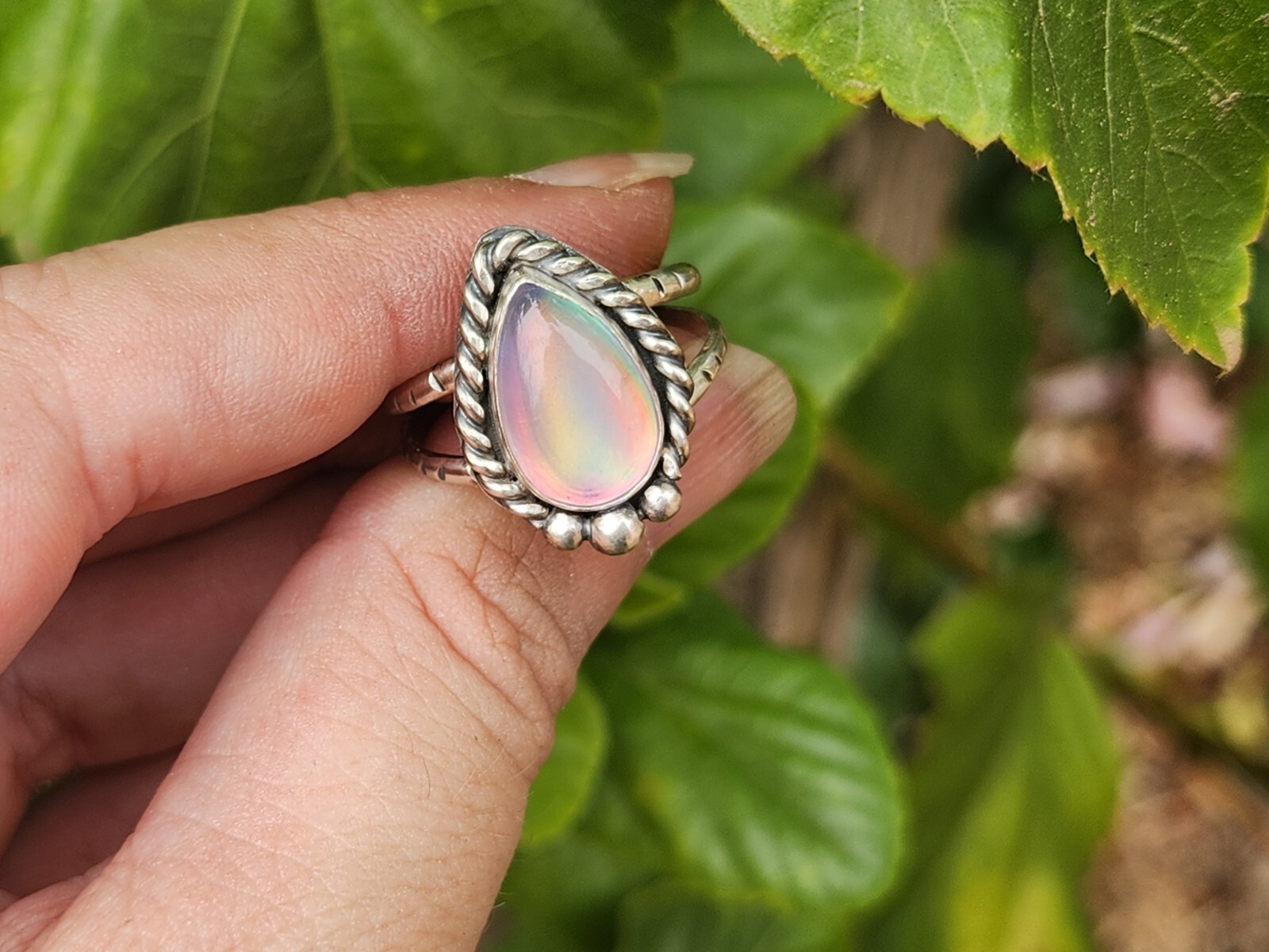 Aurora Opal Handmade Sterling Silver Ring, Statement Jewellery Jewelry Size 8.25