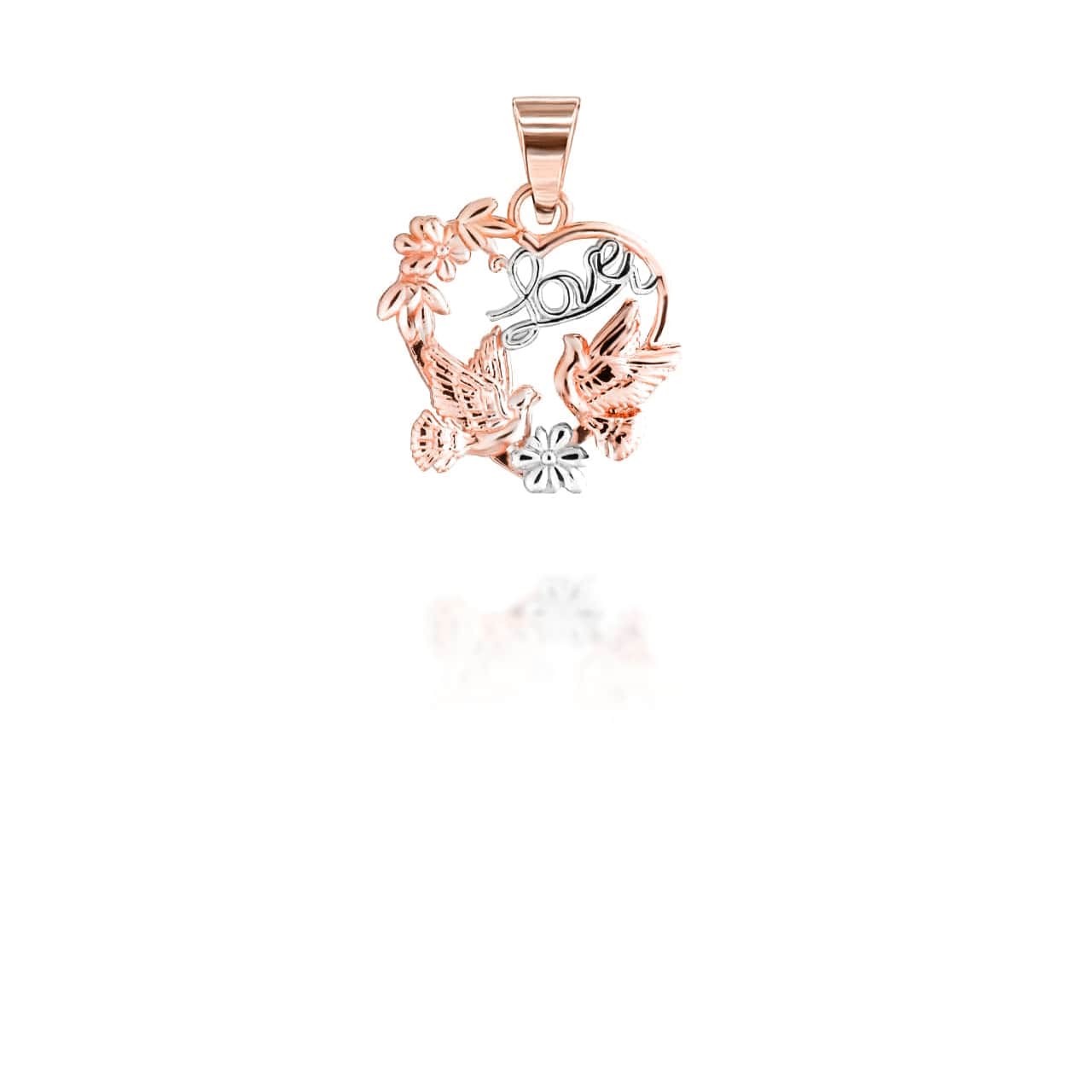 Two Tone Love Birds Heart Pendant Necklace (Available in Yellow/Rose/White Gold)
