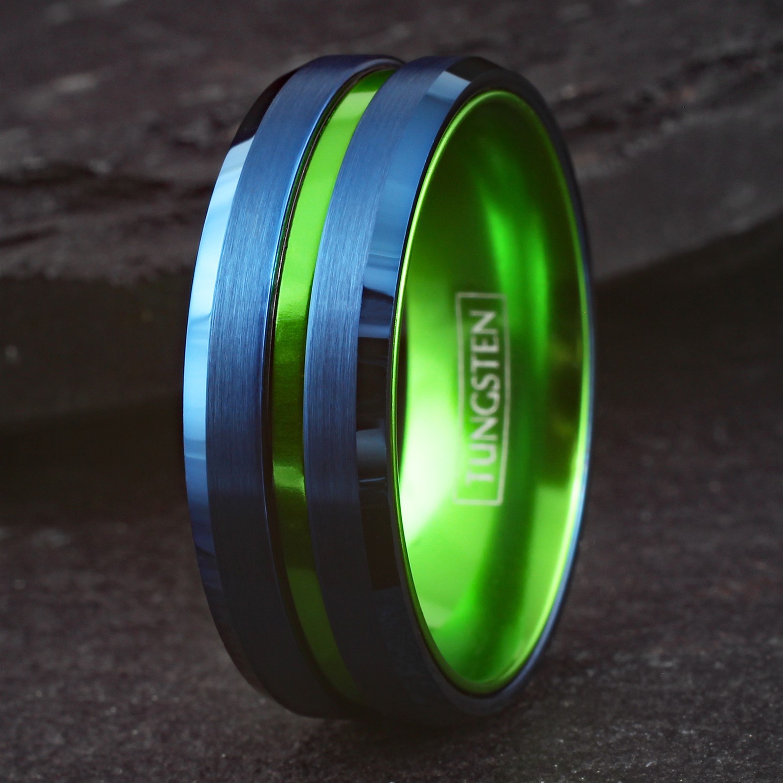 Custom Engraved Mens Blue Tungsten Carbide Green Stripe Band Ring-Seahawks Color