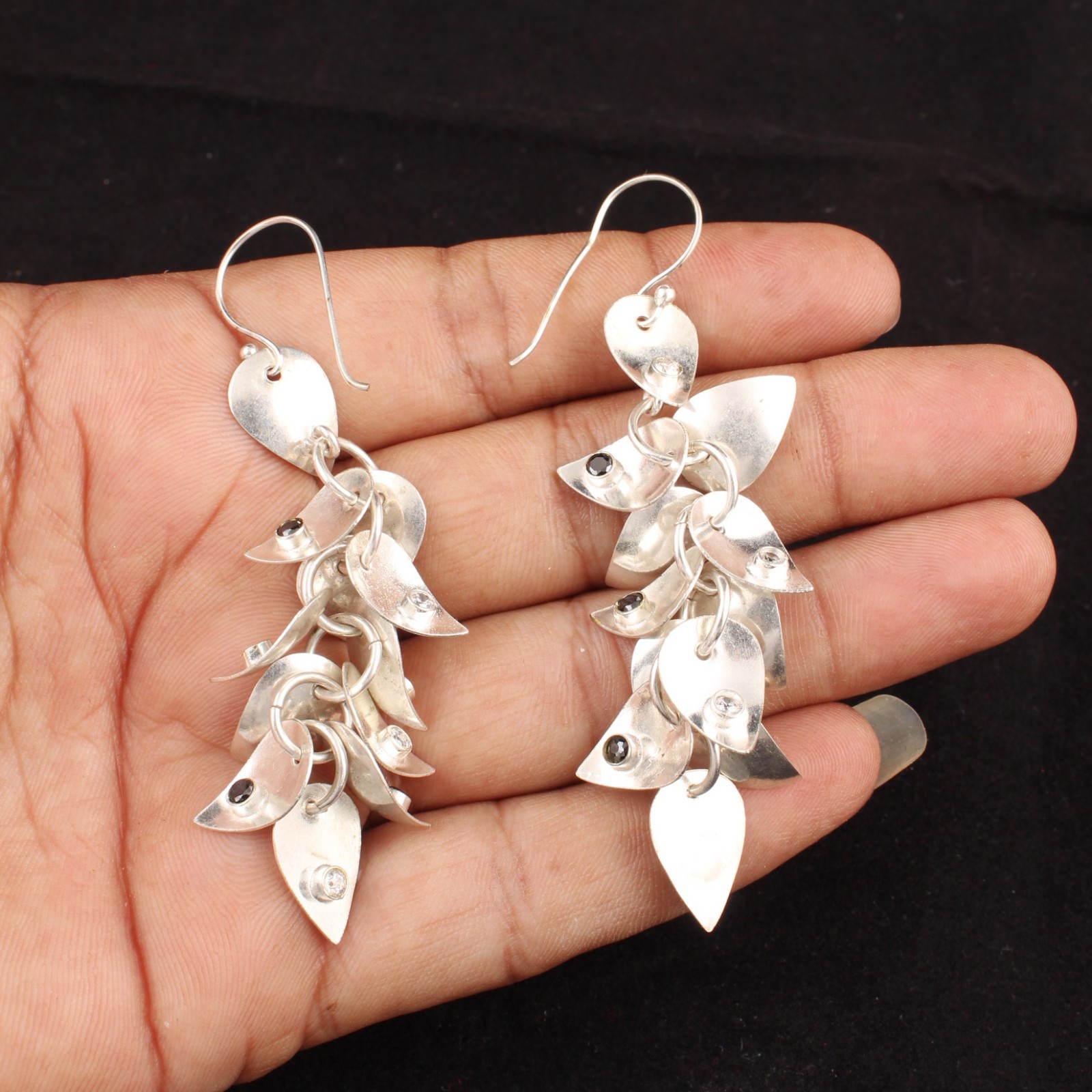 Silver Plated Cascading Leaf Cluster Dangle Earrings