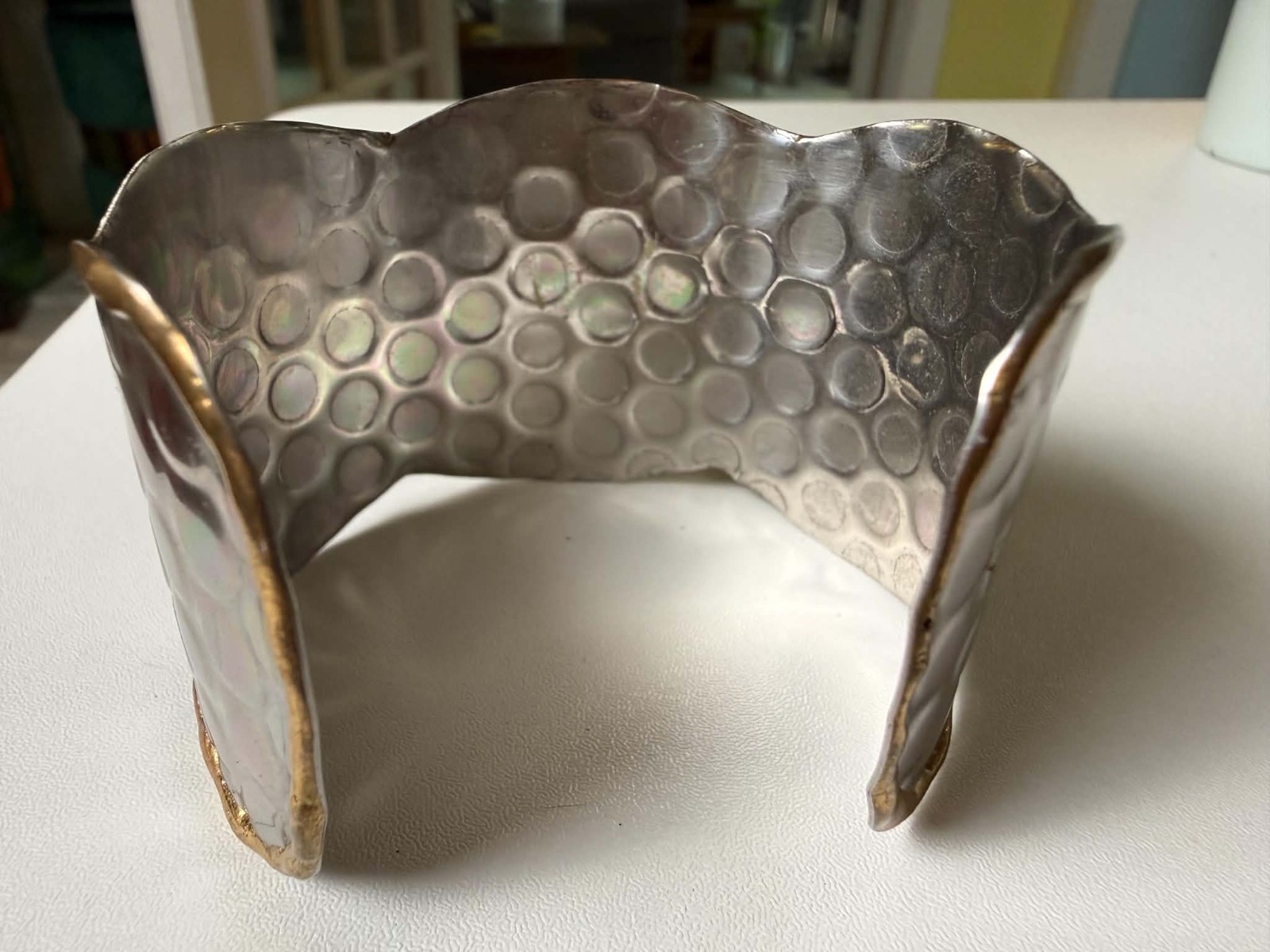 Handmade Mixed Metal Artisan Cuff Bracelet Copper Brass Silver Tone Boho Wide