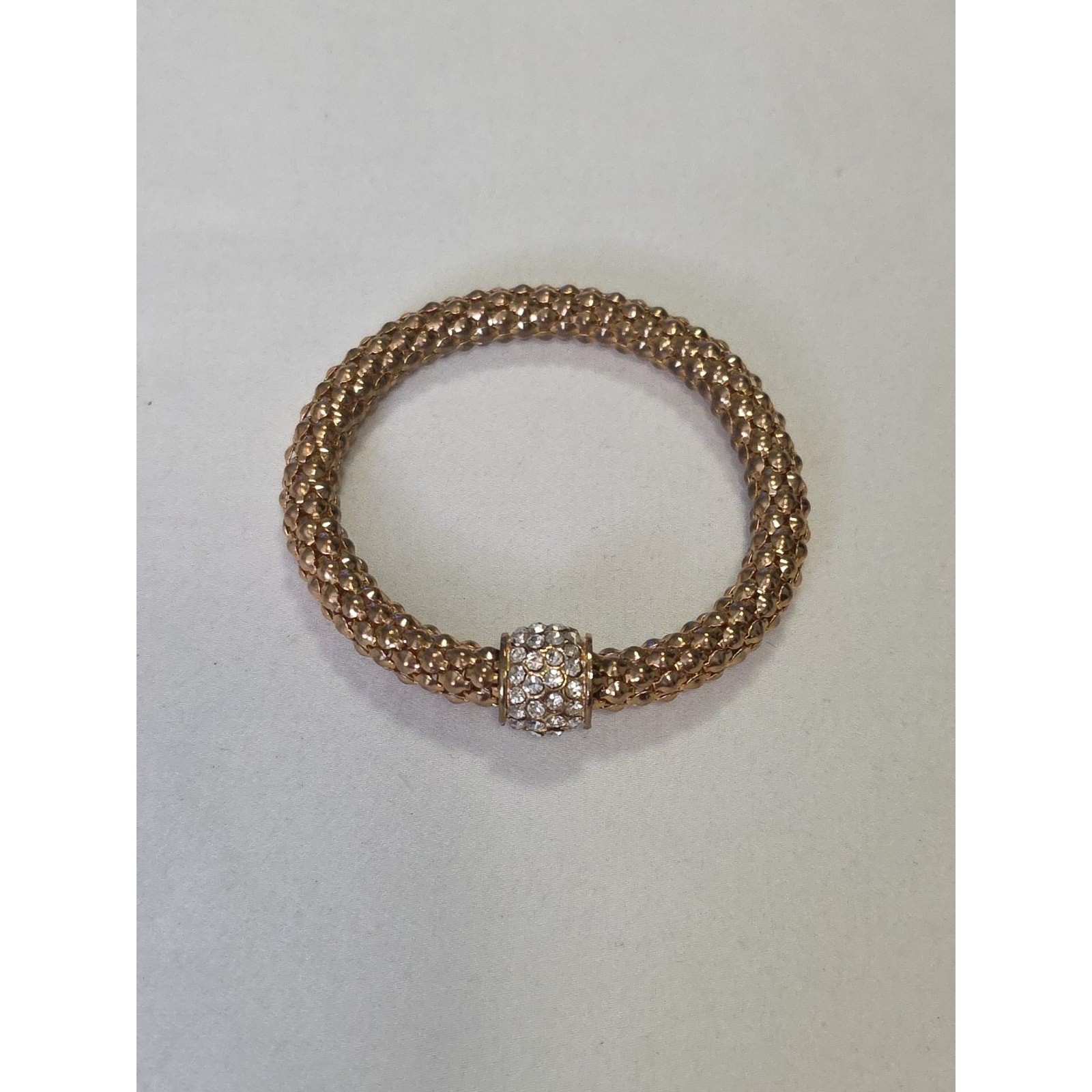 Gold Tone Stretch Bracelet Popcorn Chain Clear Rhinestone Charm Accent Bead