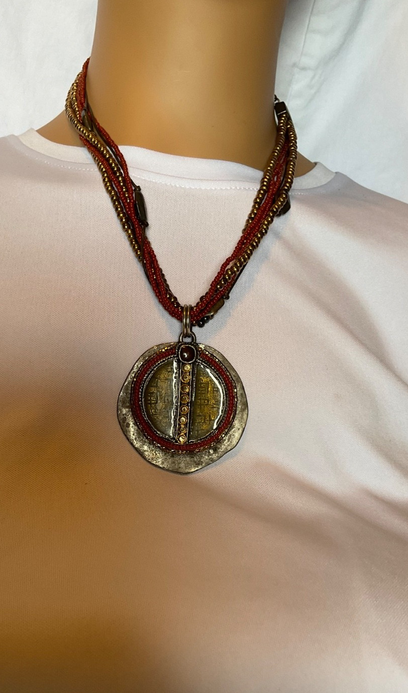 chico necklace layered bohemian style with red and metallic gold detailing