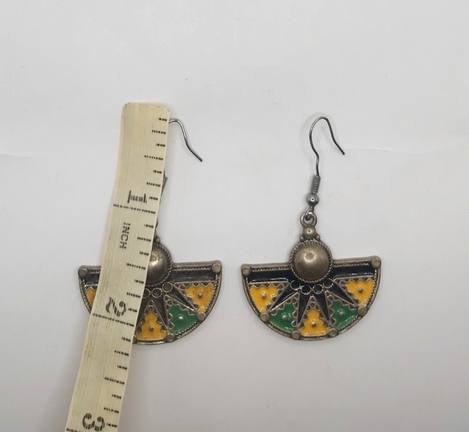 Vintage Moroccan Berber Enamel Fan Drop Earrings Tribal Silver Tone Yellow Green