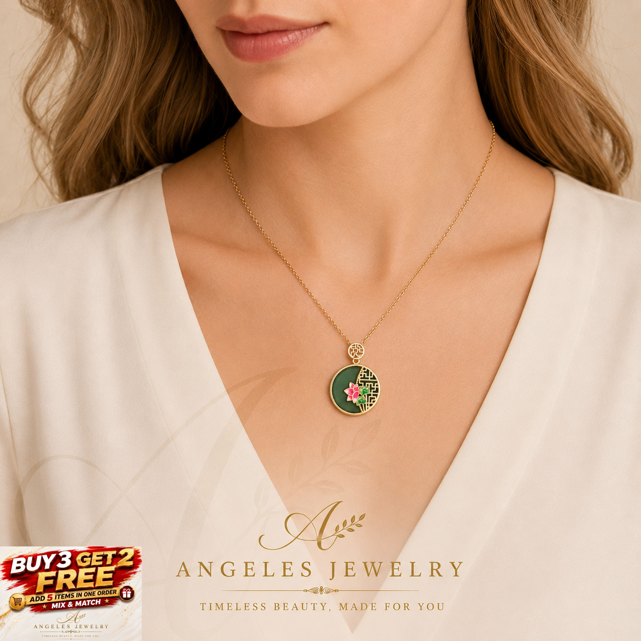 Jade Carved Flower Pendant Necklace Charm 18K Gold Plated Chain Dainty Gemstone