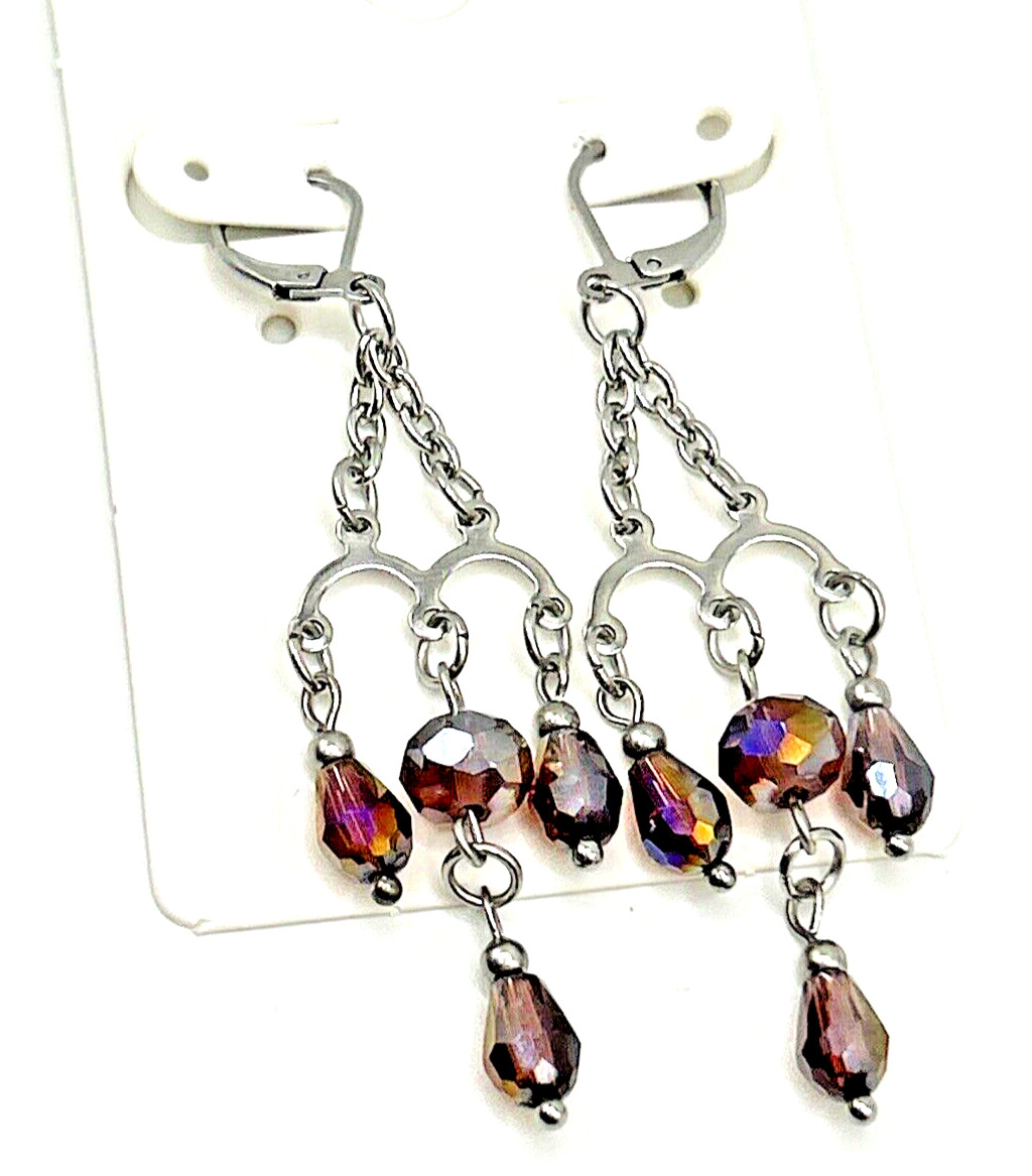 Purple Wine Glass & Stainless Steel Chandelier Dangle Drop Leverback Earrings