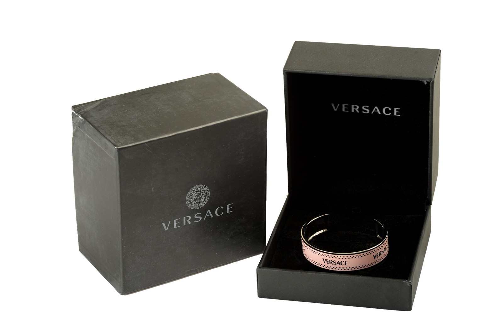Versace Pink & Silver Color Metal Logo Print Cuff Bracelet