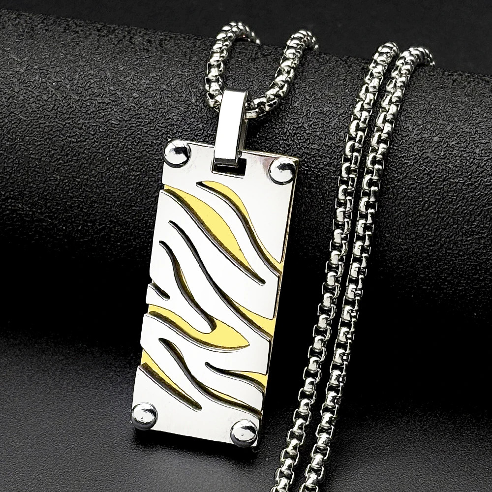 Hip Hop Stainless Steel Two-Tone Hollow Geometric Zebra Print Dog Tag Pendant Ne