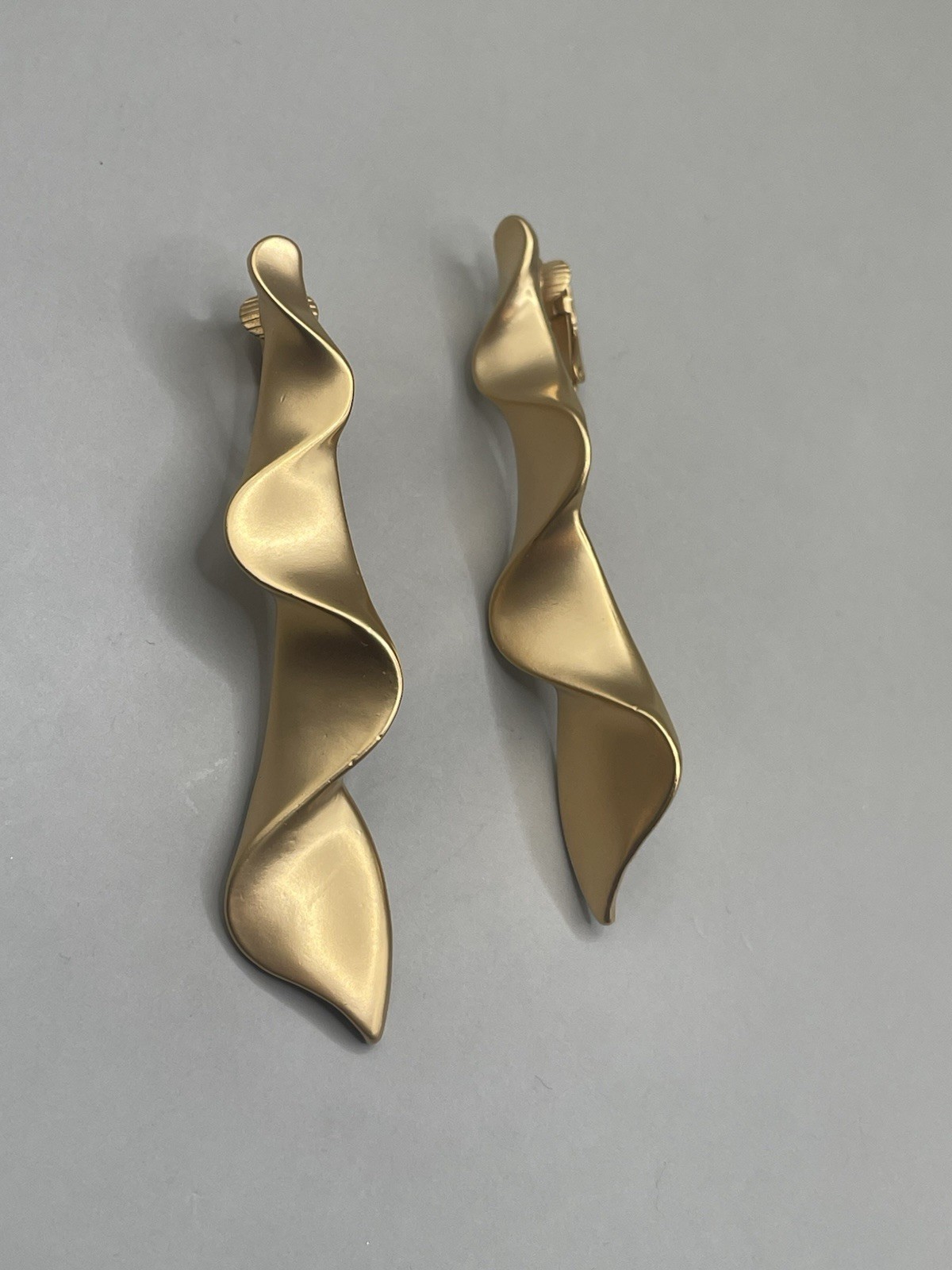 Vintage Satin Brushed Finish GoldTone Clip On 2.8” Drop Earrings