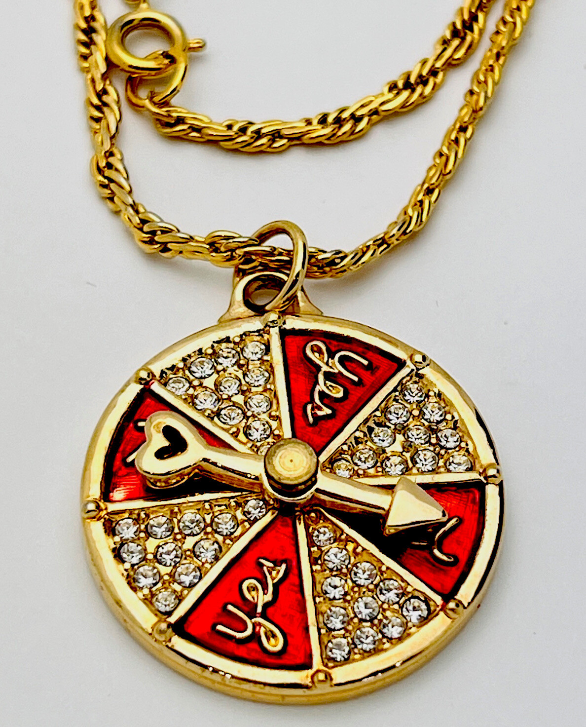 Swarovski Vintage New Gold Plated Enamel 44 Crystal Yes/No Wheel Necklace 30”