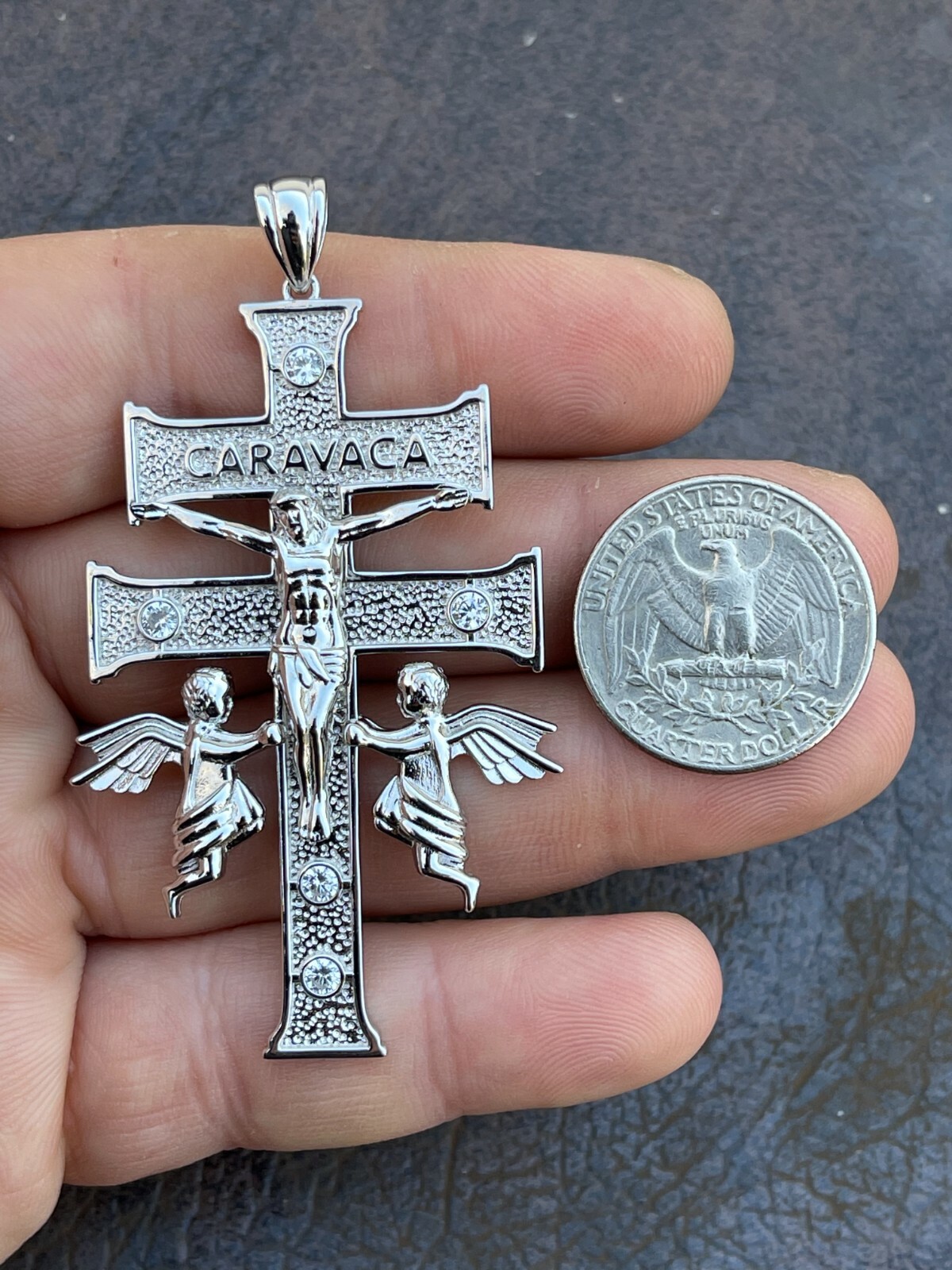 Real Solid Sterling 925 Silver Caravaca Cross Double Crucifix Mens LARGE 2.5″