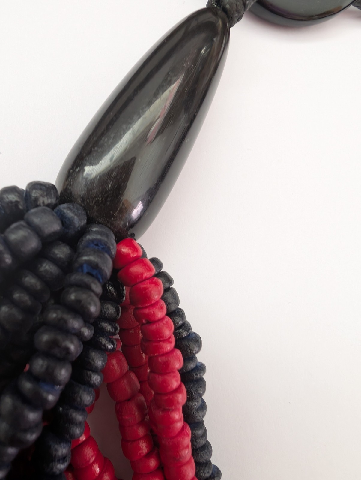 Chunky red black dyed wood multi strand none metal statement toggle necklace