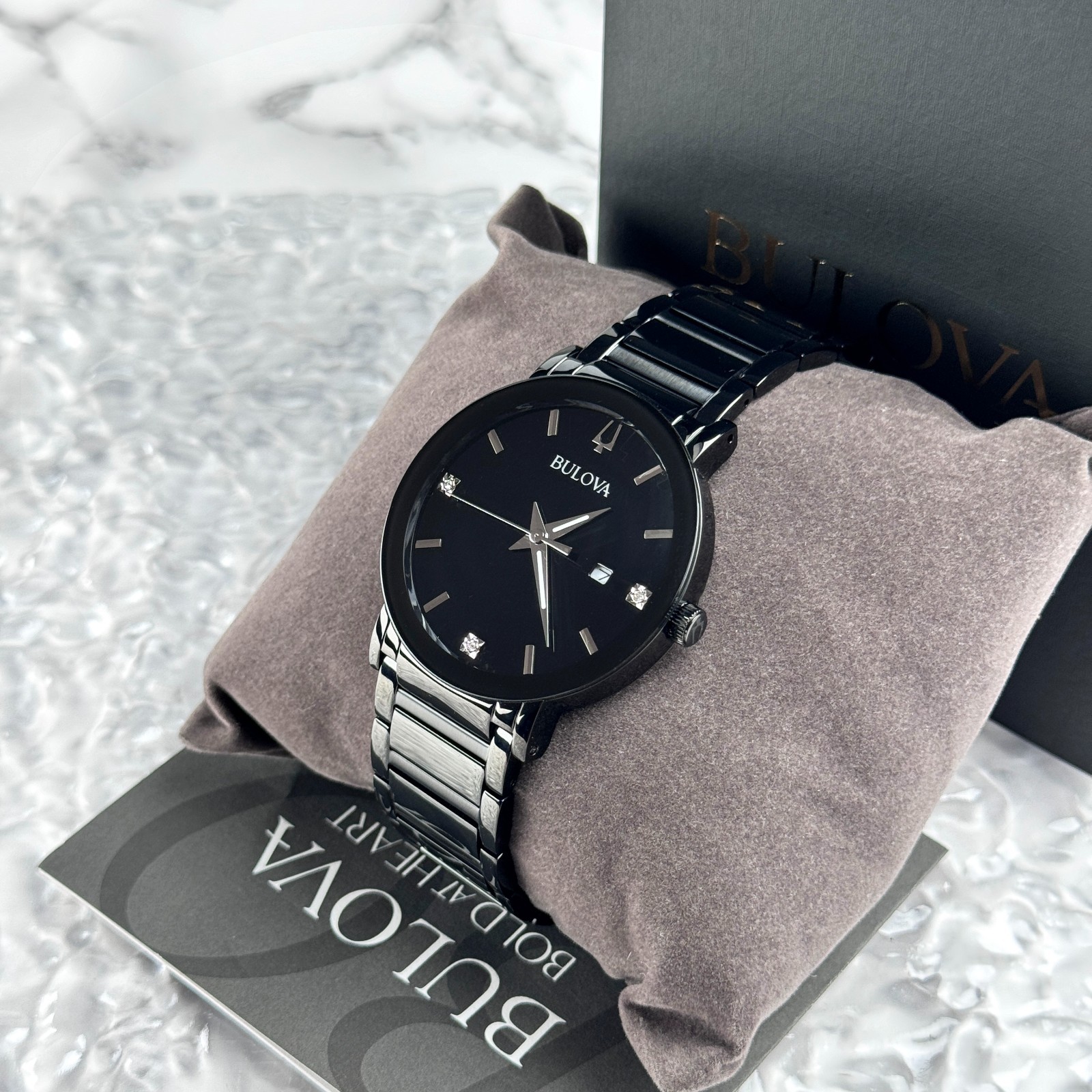 Bulova Modern Futuro Men’s Quartz Calendar Black Stainless Steel Watch 98D144