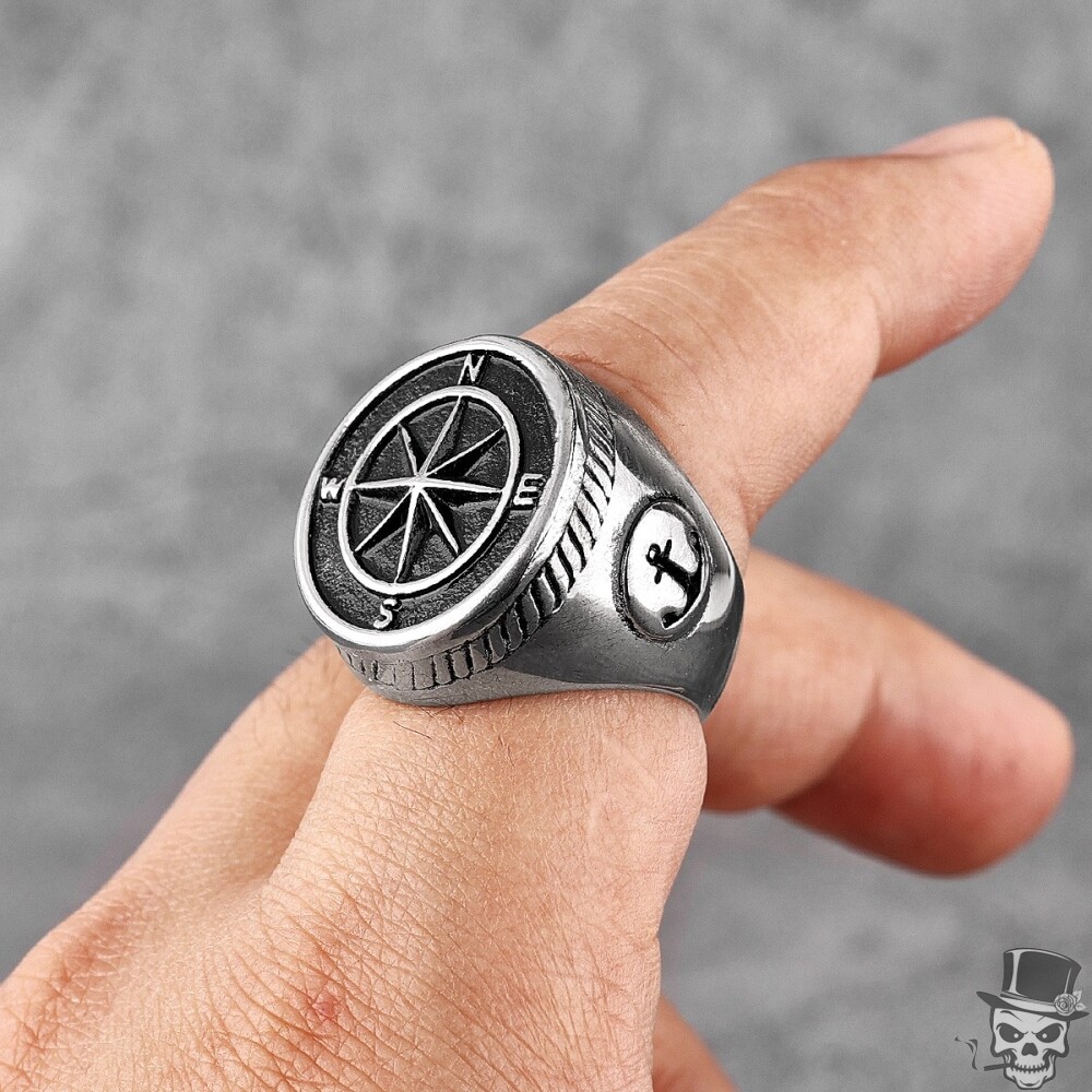 Sculpt Rings™ Navigator Compass Sailor Anchor Punk Ring in Stee l US-Size 8-13
