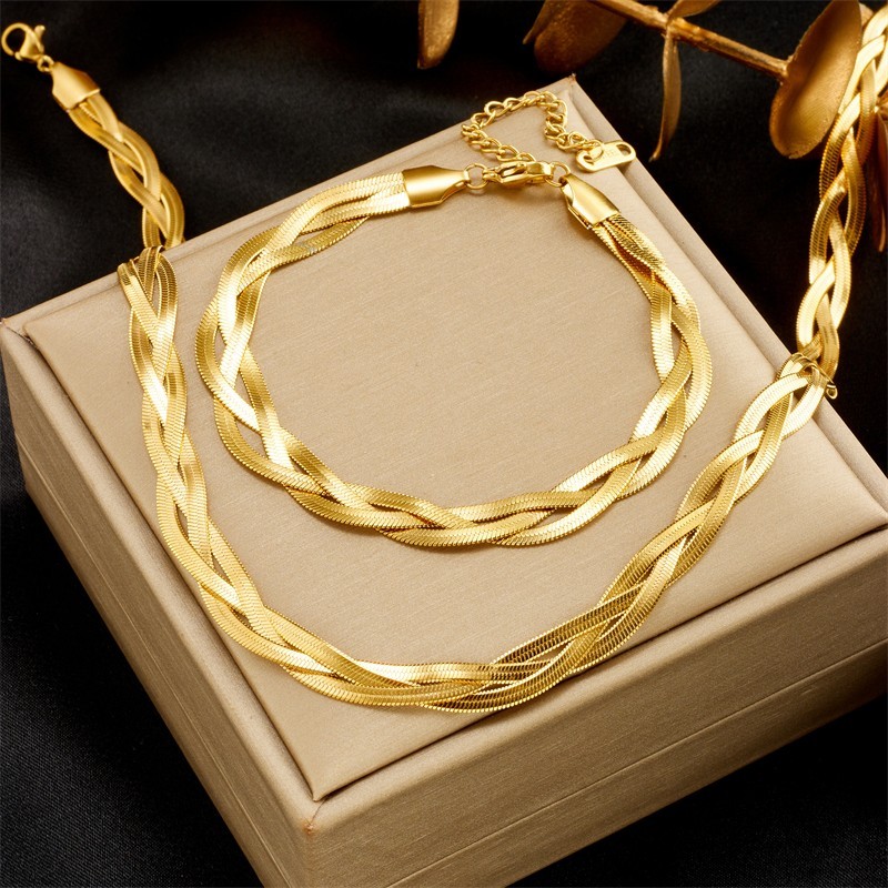 DIEYURO 316L Stainless Steel 3in1 Crossover Snake Chain Jewelry Set Women
