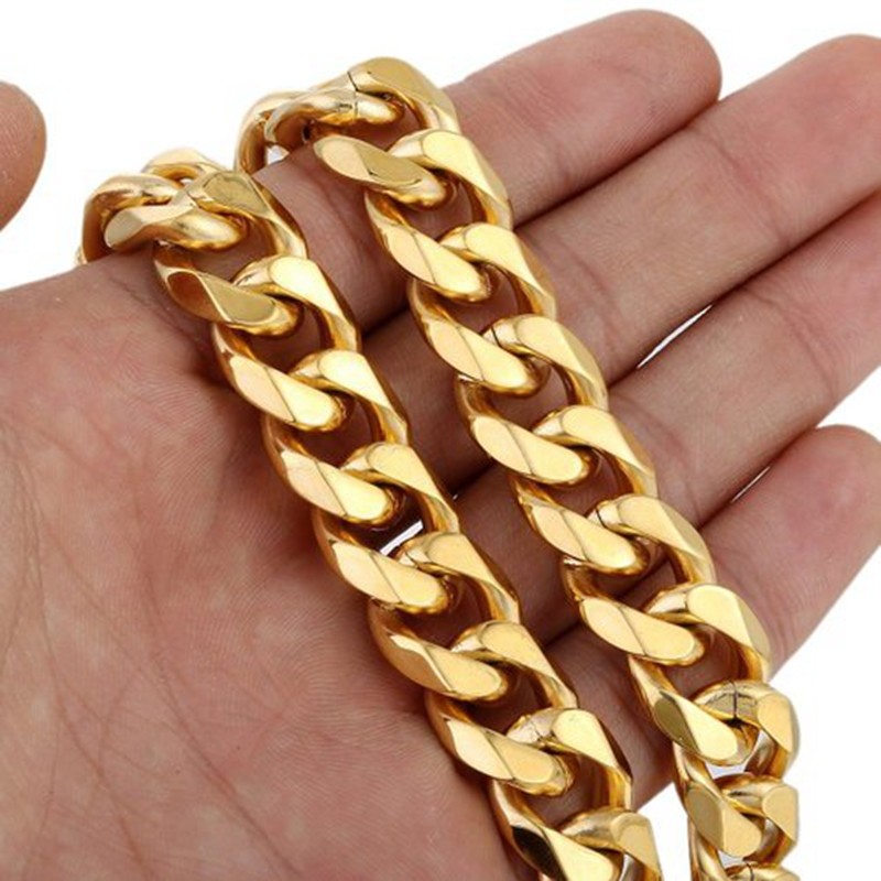 13/15mm Heavy Cut Men’s Chain Stainless Steel Curb Cuban Link Bracelet Necklace