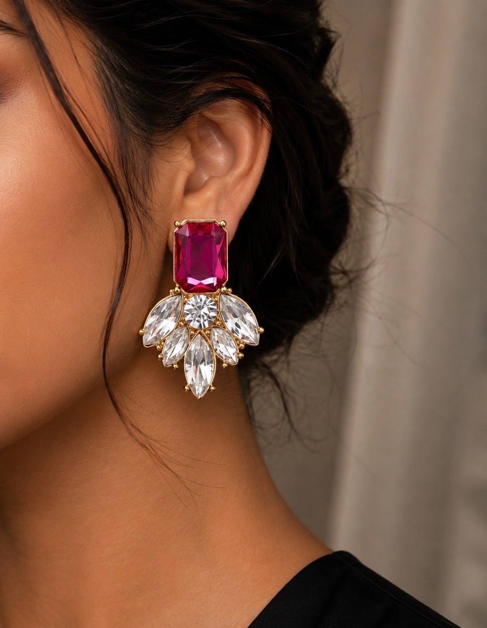 Fuchsia Gemstone Rhinestone Geometric Flower Elegant Stud Earrings