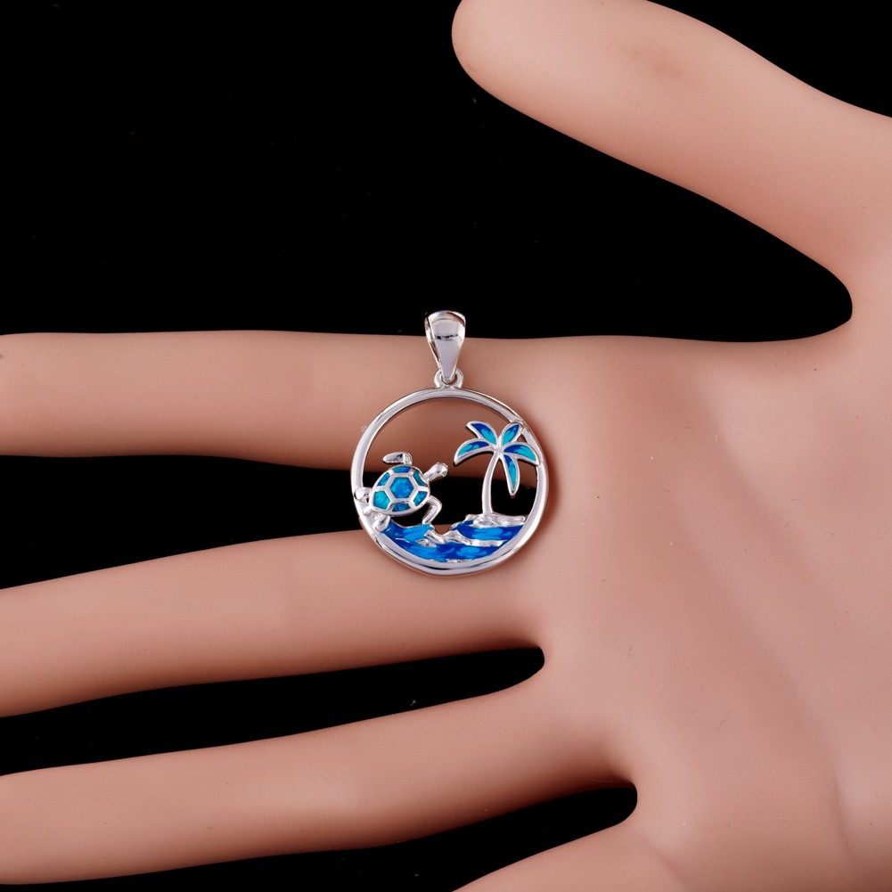 Sea Turtle Palm Tree Ocean Blue Fire Opal Silver Jewelry Necklace Pendant