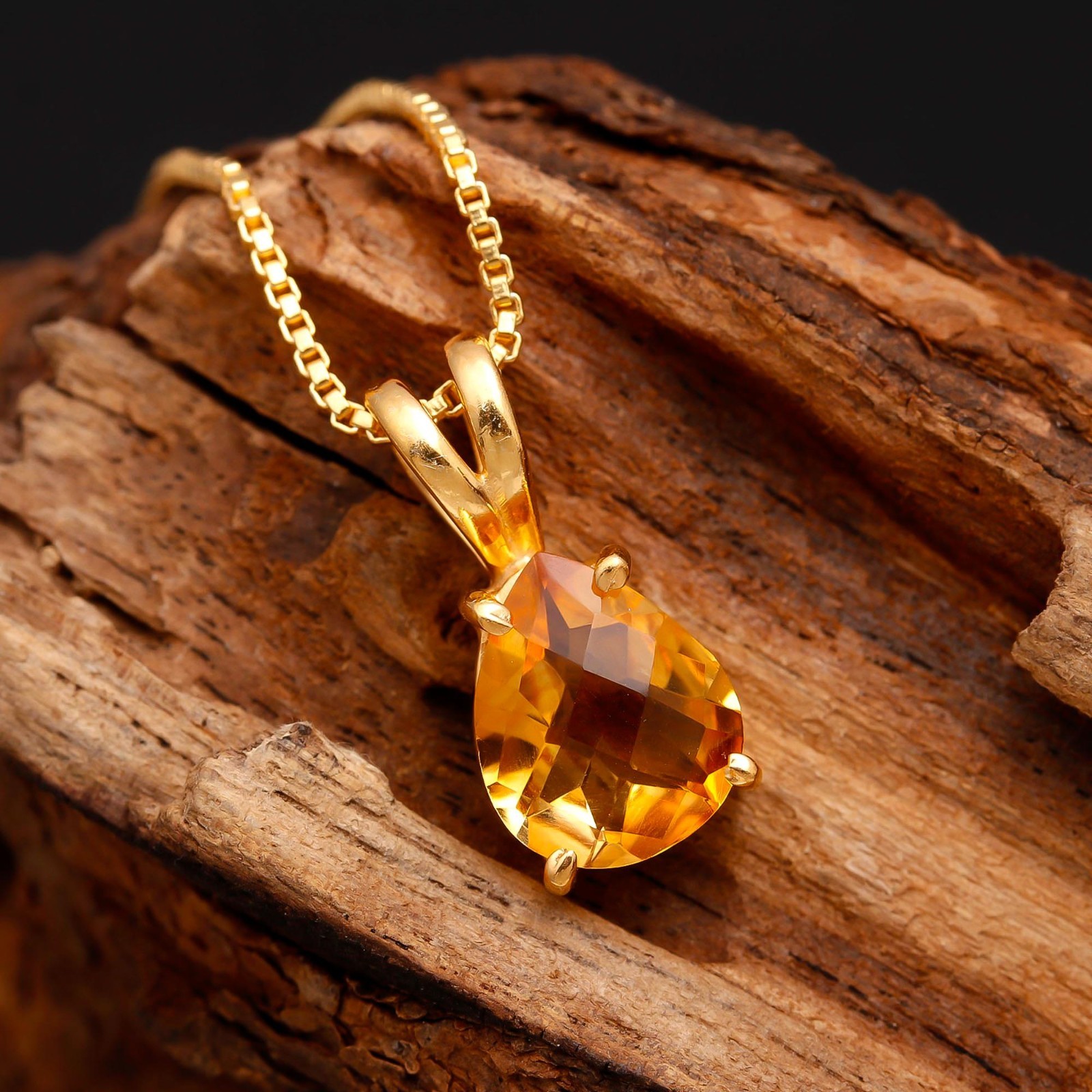 Natural Citrine Quartz Pear Chain Pendant Gold Fill 925 Sterling Silver Jewelry