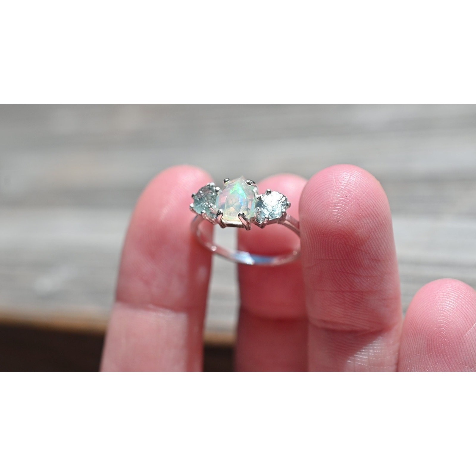 Ethiopian opal and raw Montana sapphire ring, unique opal ring, jewelry for her