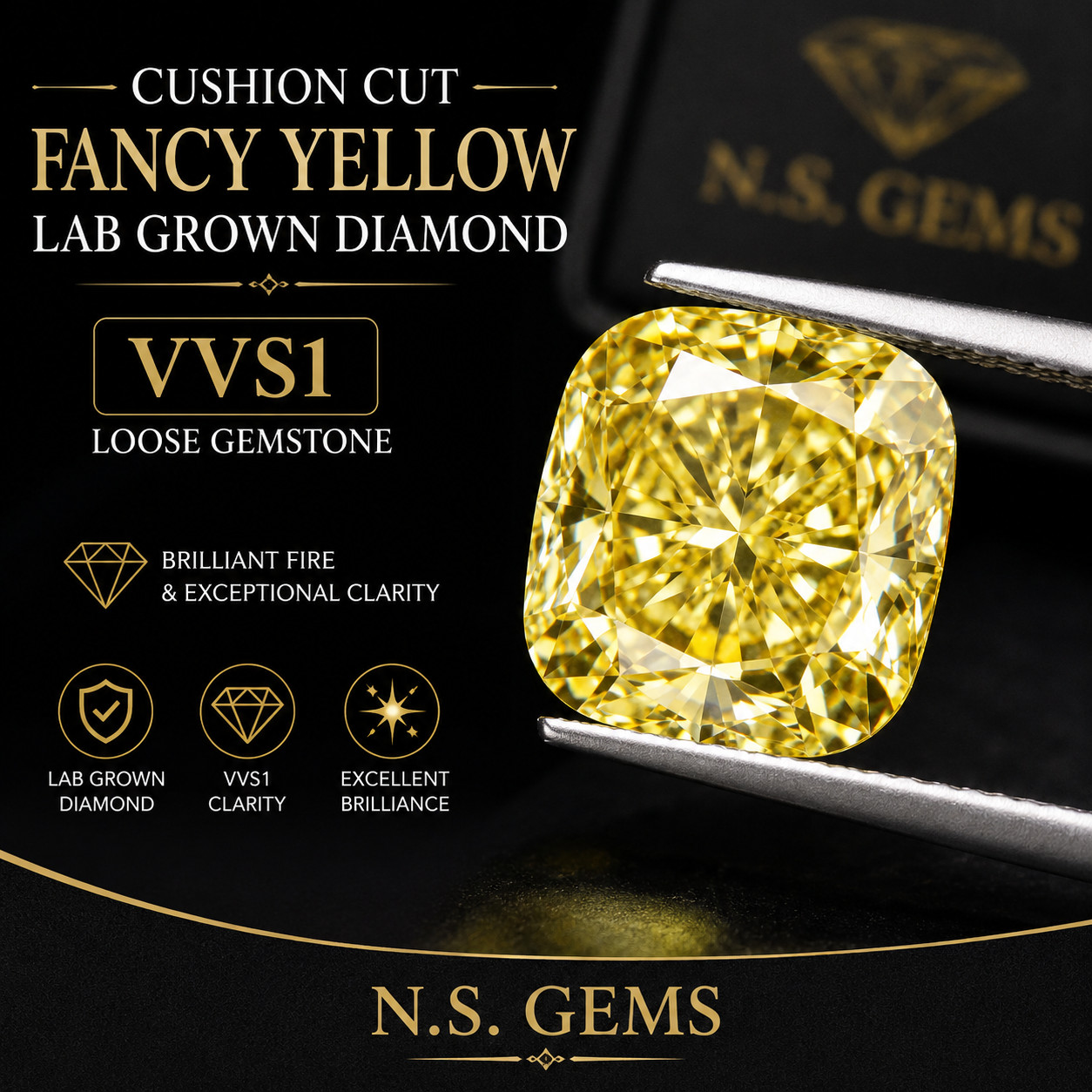 4 Ct Cushion Cut Fancy Yellow Lab Grown Diamond VVS1 Loose Gemstone.