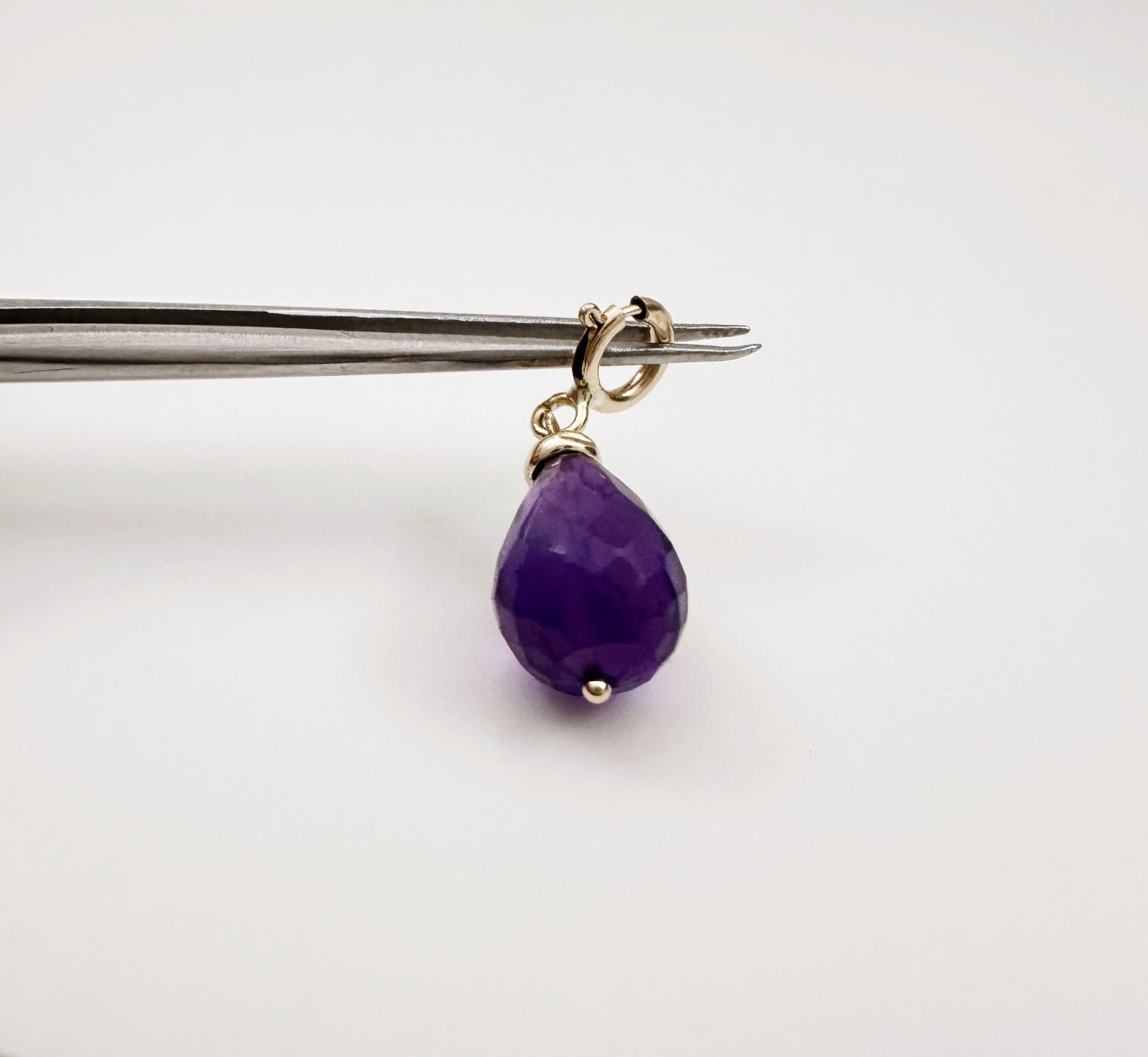 14K Solid Yellow Gold Small Amethyst Briolette Charm Pendant w/Spring Clasp