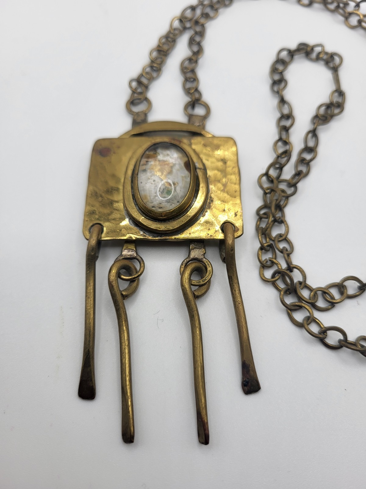 Rafael Canada Signed Gold Tone Clear Glass Brutalist Statement Pendant Necklace