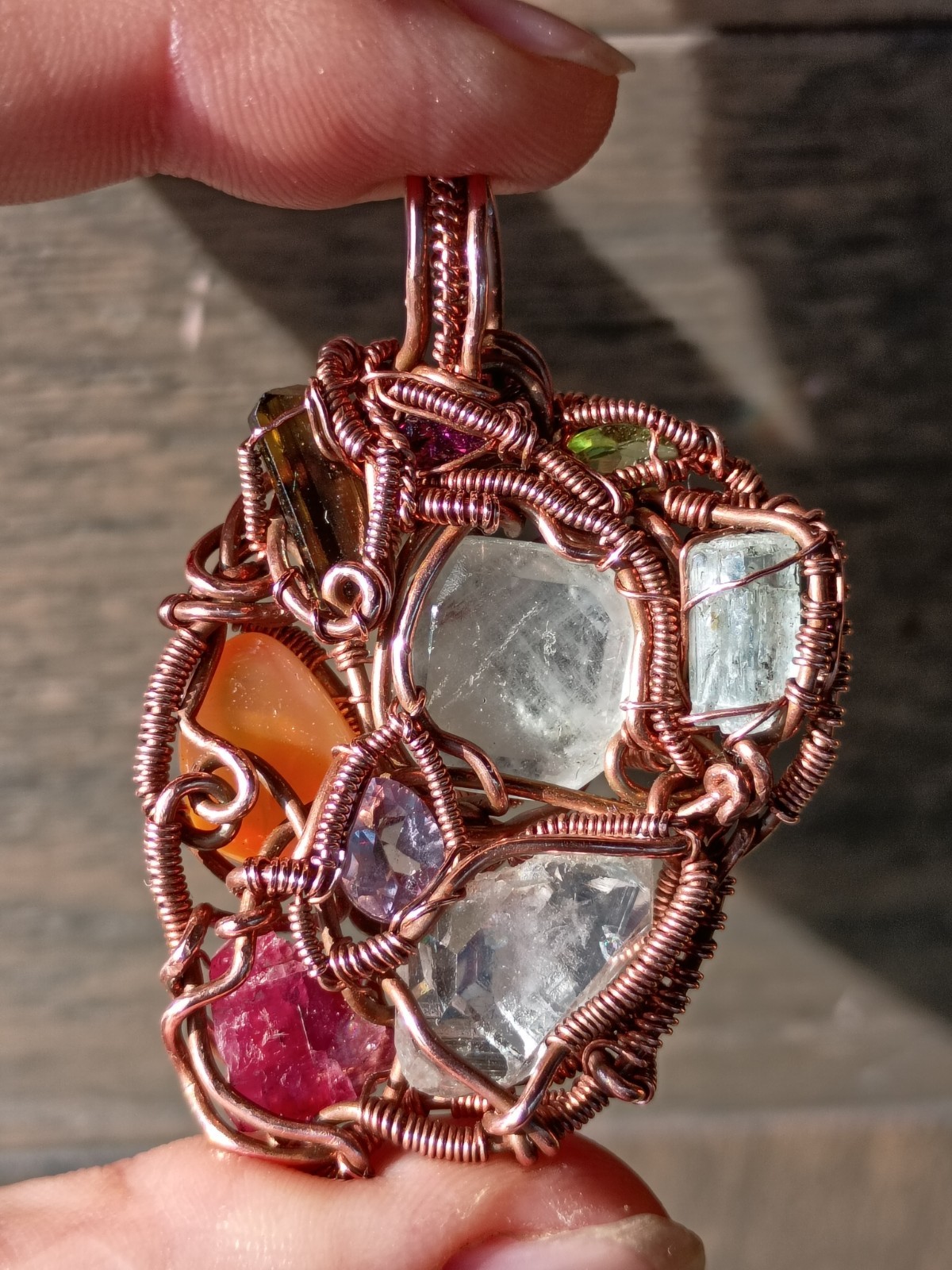 Multicolor Multiple Gem Stone Pendant Necklace Copper Wirewrap Amulet