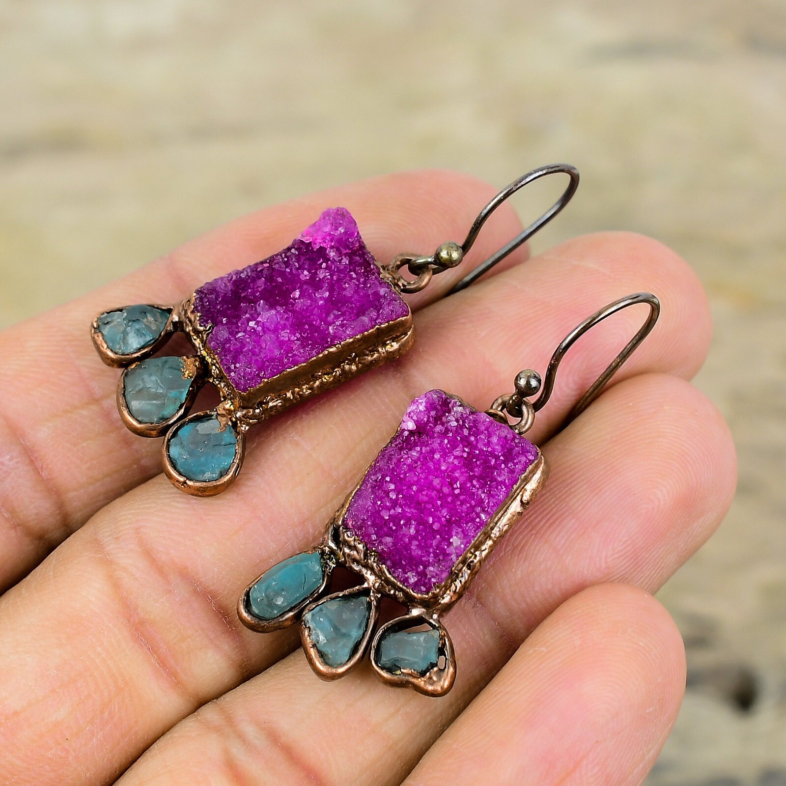 Pink Druzy Jewelry Copper Mom Gift Electroformed Drop/Dangle Earrings 1.77″
