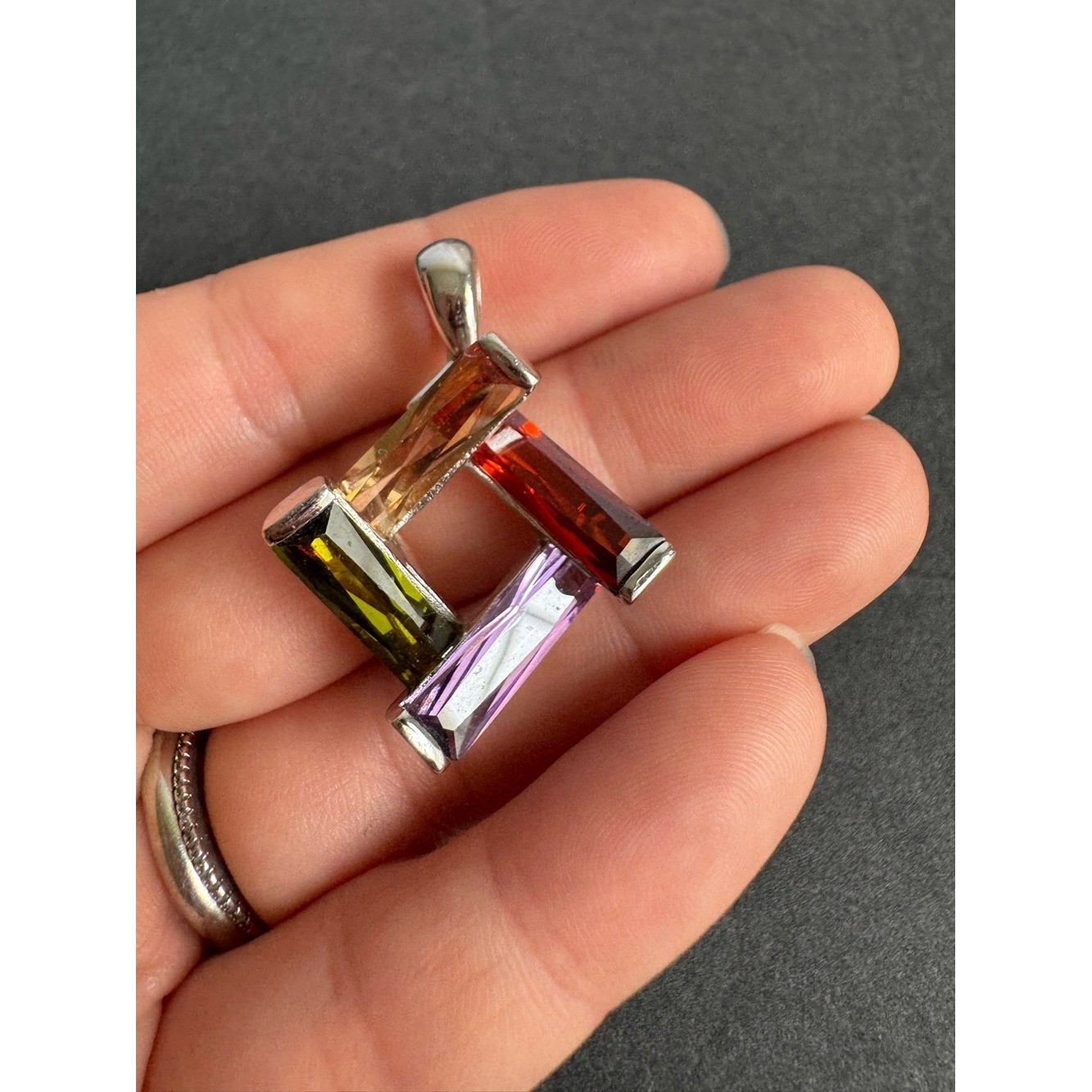 Vintage Sterling Silver Crystal 3D Pendant Colorful Geometric Necklace