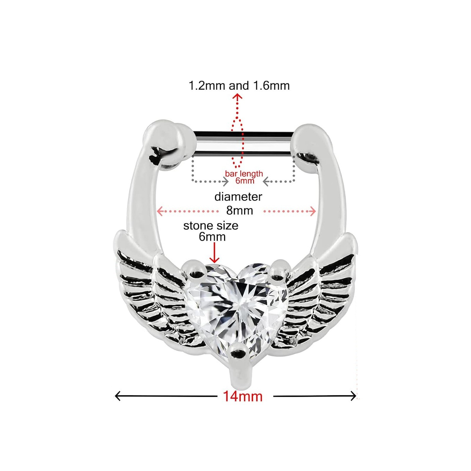 316L Surgical Steel Angel Wings Heart CZ Septum Clicker Hinged Nose Ring
