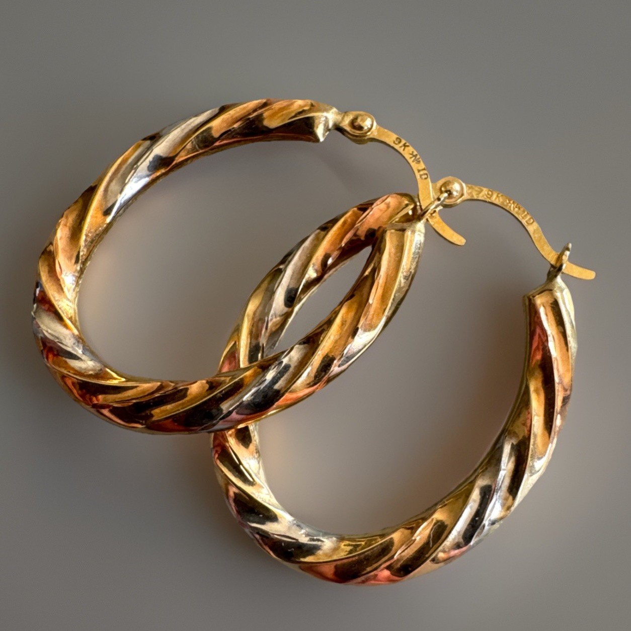 9ct Yellow, Rose & White Gold Twist Oval Creole Hoop Earrings 24.7mm Long 0.78g