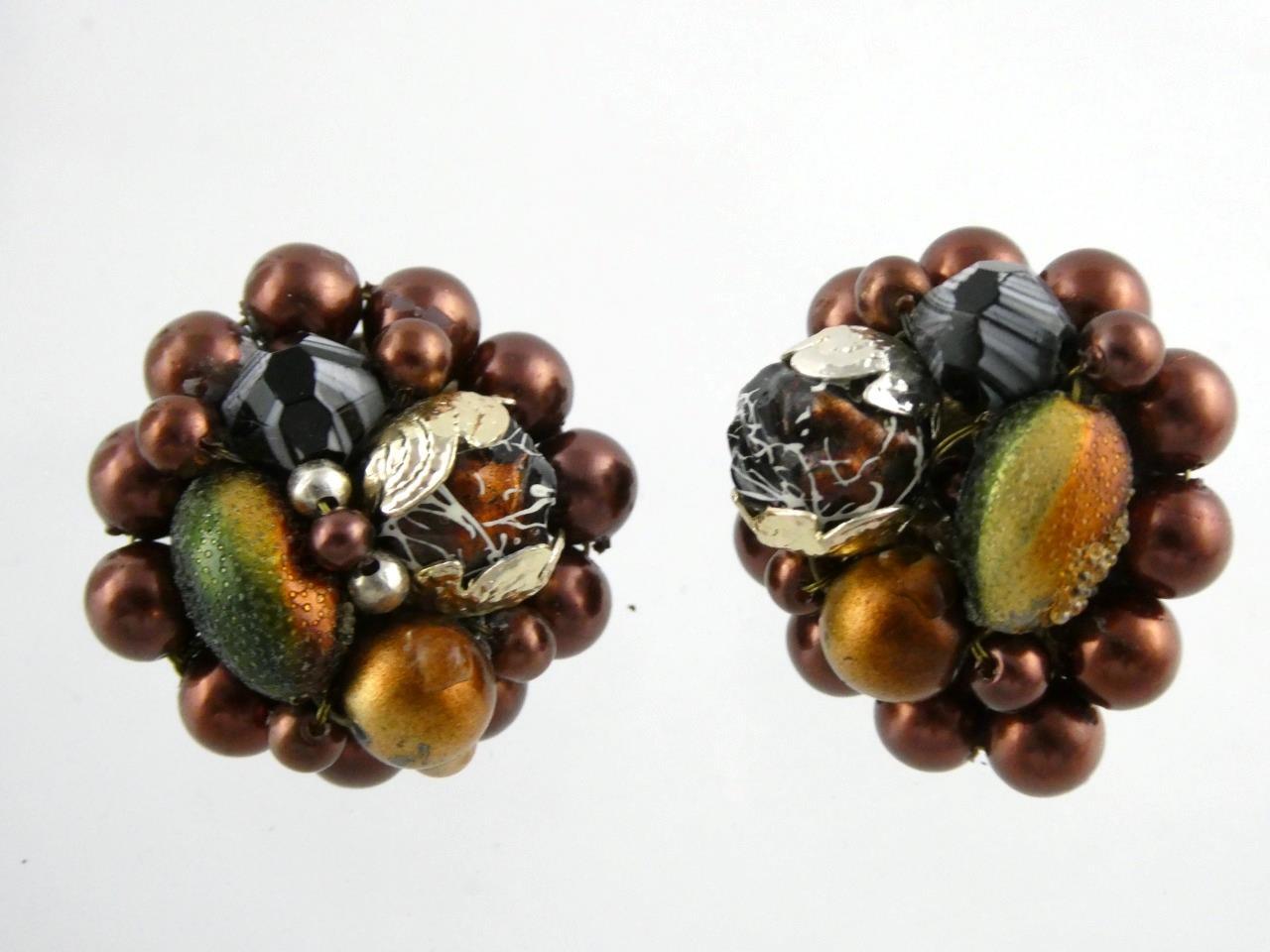 Vintage Rhinestone Clip on Earrings Burgundy Iridescent Lava Rock Gems Unsigned