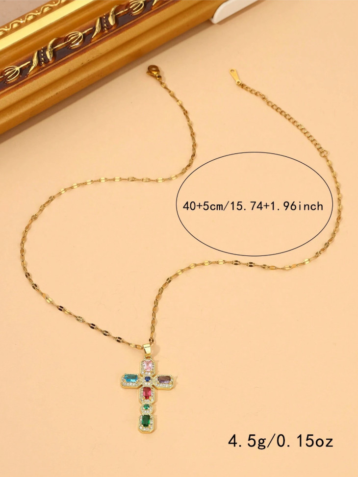 Women Gold Rainbow Cross Necklace Multicolor CZ Crystal Christian Religious Gift