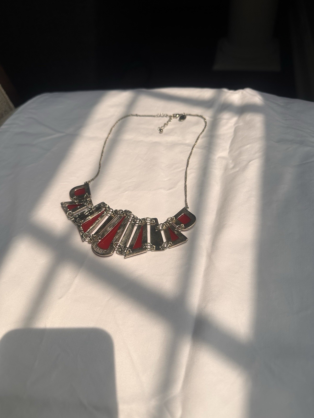 Silver & Gold Red Asymmetrical Pendant Statement Cable Chain Necklace Lobster