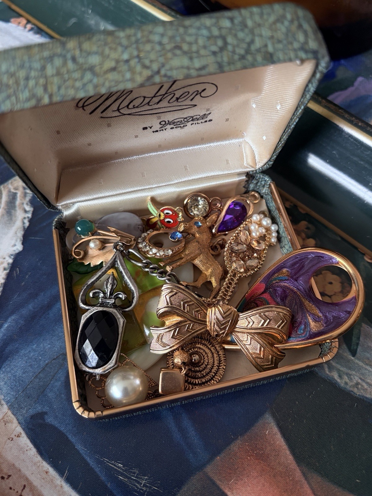 15 Charm Pendant Lot In Vintage Van Dell Ring Box “A Gift For Mother” Gold Tone