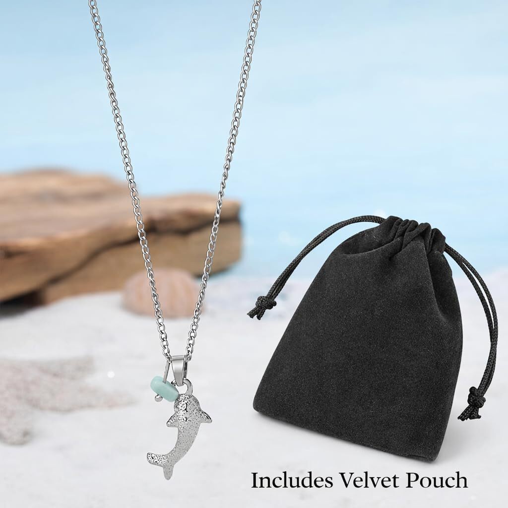 Stainless Steel Dolphin Necklace with Blue Sea Glass Accent