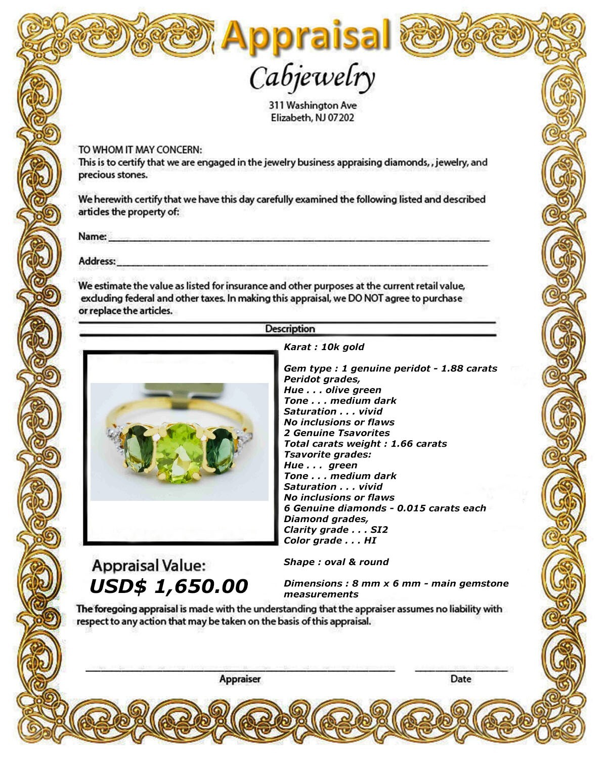 GENUINE 1.88 Cts PERIDOT, TSAVORITE & DIAMONDS RING 10K GOLD -Free Appraisal-NWT