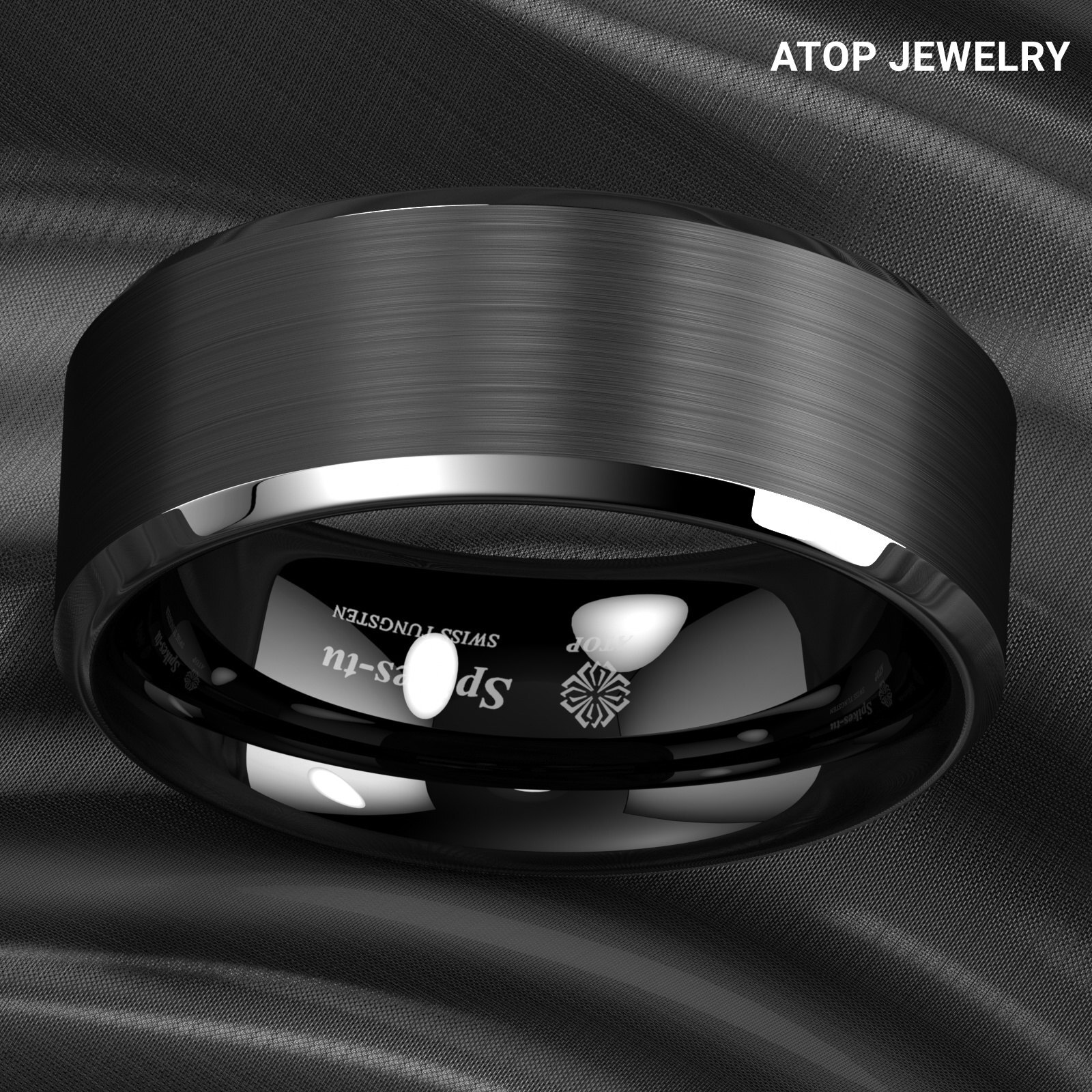 8/6mm Silver Edge Black Frosted Tungsten Ring Men Wedding Band ATOP Jewelry